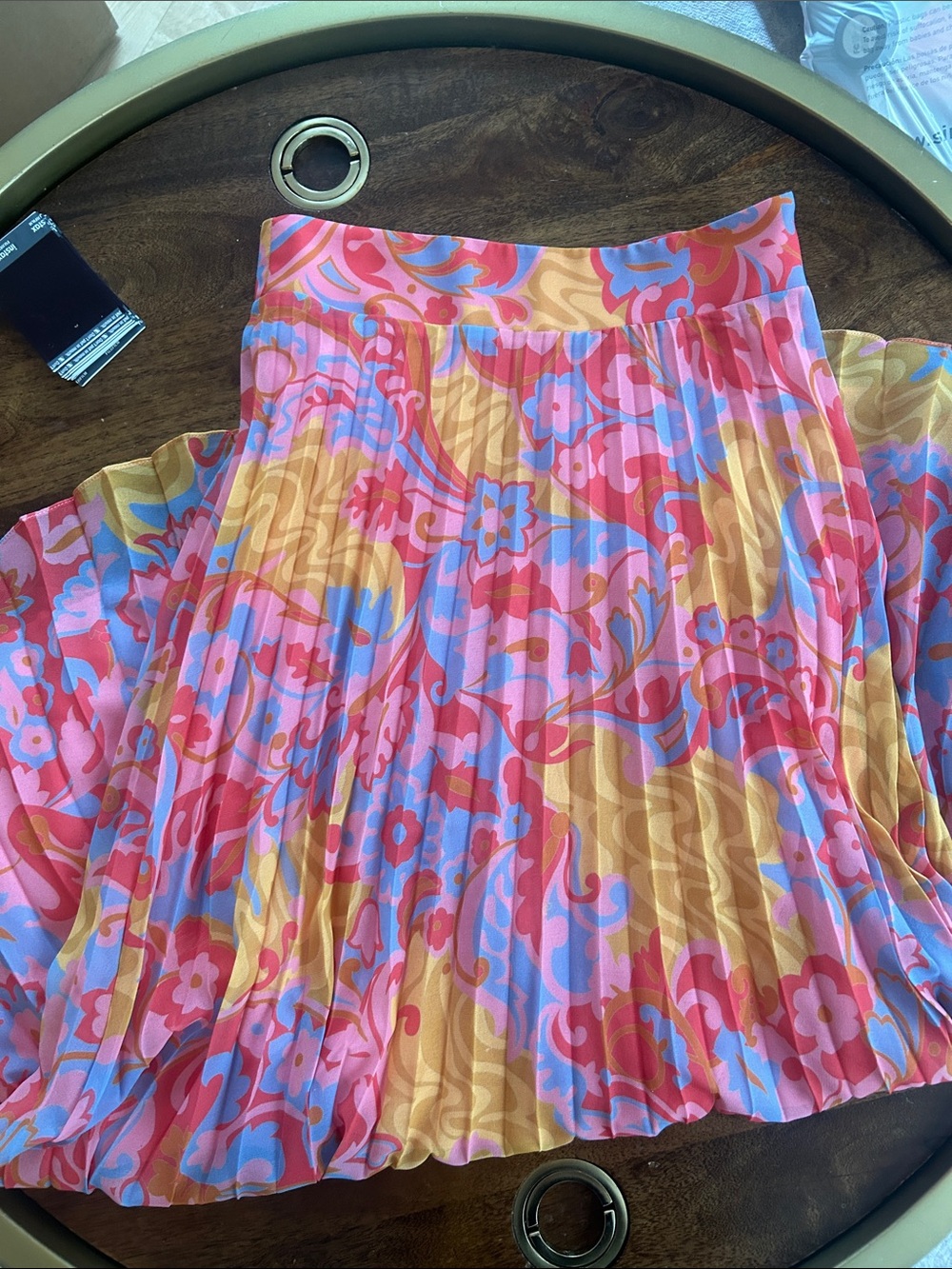 Sezane Pleated Floral Midi Skirt in Pink, Blue & Yellow